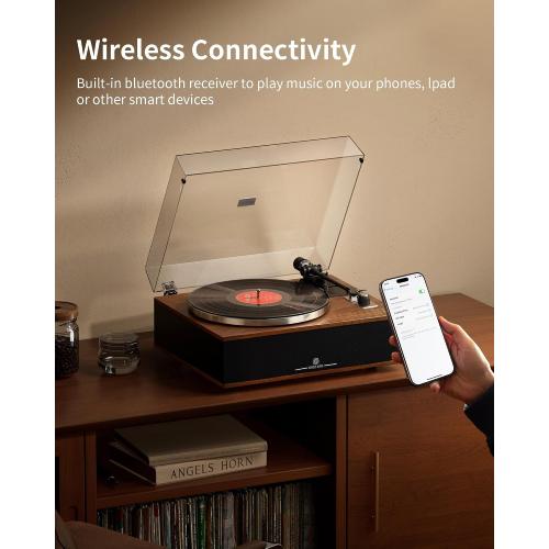 ANGELS HORN Vinyl Record Player, Bluetooth Turntable with Built in Speakers Phono Preamp, High Fidelity Turntables for Vinyl Records with Magnetic Cartridge AT-3600L, Belt Drive 2-Speed
