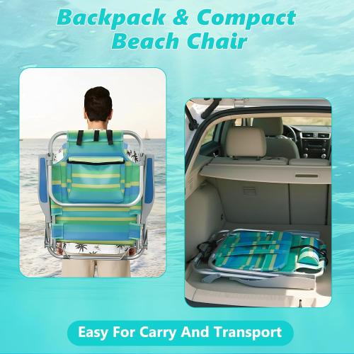 Low Beach Chair for Adults,5 Position Lay Flat, Portable Folding Aluminum Reclining Backpack Beach Chairs Heavy Duty with Cup Holder, Large Pocket for Outdoor/Lawn/Picnic/Fishing