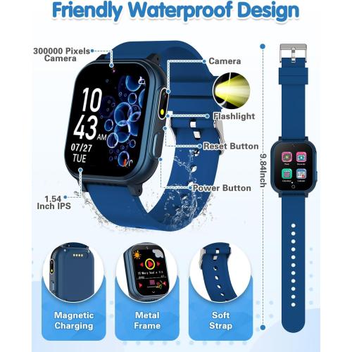 Waterproof Smart Watch for Kids with 32 Games Dual Camera, Habit Tracking, Alarm, Pedometer, HD Touchscreen with Protector, Kids Watch Toys for Boy Age 5-12 Christmas Birthday Gift Boys Girls(Blue)