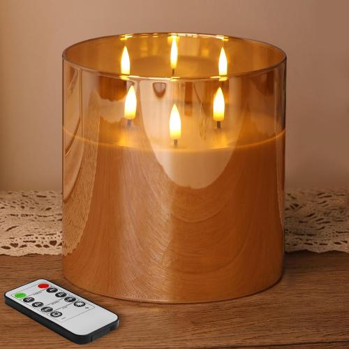 Eywamage 3 Wick Gold Glass Flameless Candle with Remote, Large Flickering LED Battery Pillar Candle Φ 6 H 6