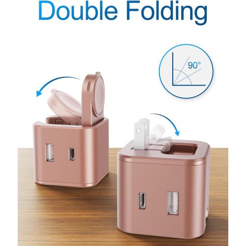 36W for Apple Charging Block with Built-in Watch Charger, Foldable PD Fast Charger Block for iPhone, Dual Ports Wall Charger Compatible with Apple Watch iPhone AirPods(Rose Gold)