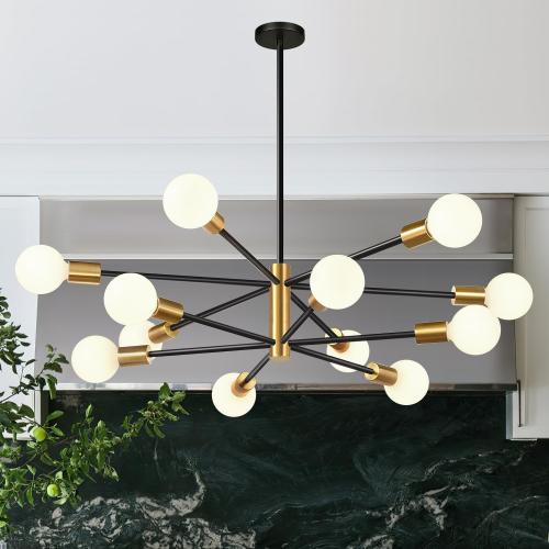 33 Modern Chandelier Ceiling Light Fixture, 12-Light Sputnik Chandeliers Gold and Black Mid Century Chandelier Over Table, Height Adjustable Chandeliers for Dining Room Living Room Kitchen Island