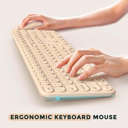 Color beige seenda Wireless Keyboard and Mouse, USB & Type C 2-in-1 Receiver, SK73-3 Full Size Brown Wireless Keyboard Mouse Combo, Compatible for Windows, MacBook Pro/Air, Laptop, Desktop, PC - Khaki