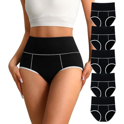 Size Medium Color Black K-CHEONY High Waisted Cotton Underwear for Women Tummy Control Ladies Panties Breathable Full Coverage 5Pack