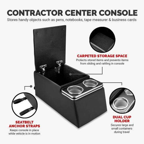 BLACK Pilot Automotive 124810 Universal Truck Seat/Bench Contractor Center Console Business Organizer and Storage with Cup Holders and Padded Top Lid for Armrest, Black