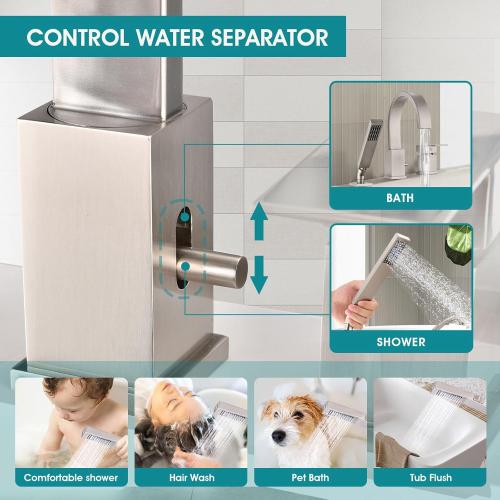 Brass Roman Tub Faucet with Sprayer, Deck Mount Bathtub Faucet with Hand Shower, 3 Hole Waterfall Faucet with 360 Spout, Single Handle Tub Filler with 8 GPM High Flow, Brushed Nickel