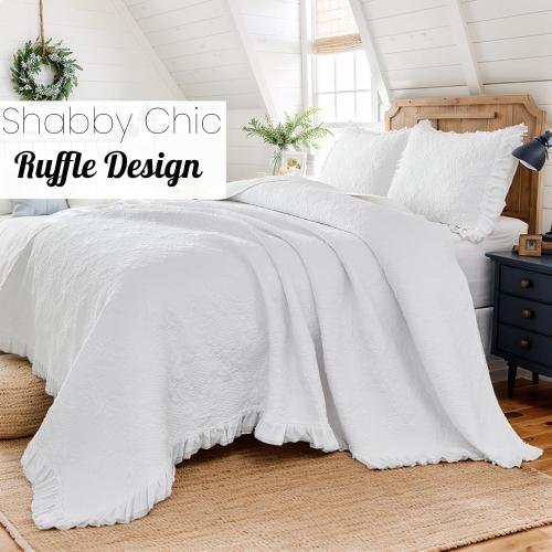 Brandream White Quilt Set King Size Cotton Farmhouse Paisley Matelasse Coverlet Set Ruffle Bedspread