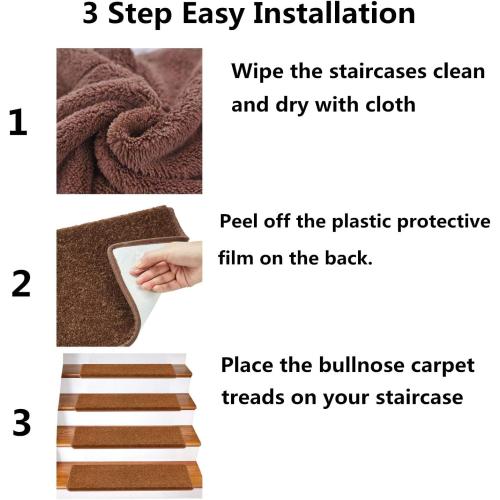 Carpet Stair Treads   Non-Slip Bullnose Carpet for Stairs   Indoor Stair Pads   Self-Adhesive & Easy Installation   Pet & Child Friendly   14- Pack Dark Brown 9.5 x 30x 1.3