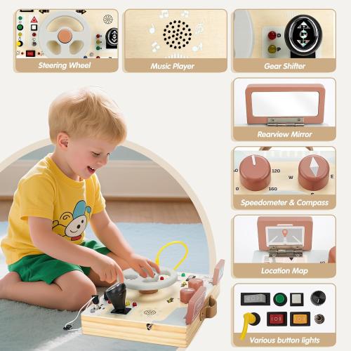 Joyreal Toddler Busy Board with LED Lights, Steering Wheel, Sounds, Montessori Toys for 1  Year Old, Fidget Board Sensory Travel Toy, Gifts for Boys and Girls