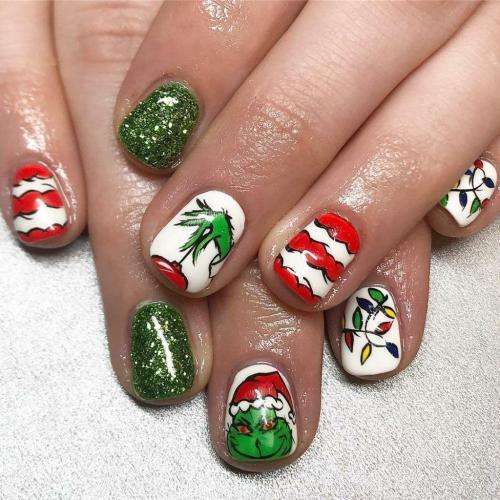 24Pcs Christmas Short Press on Nails Green Monster Fake Nails with Glue Red White Stripes Acrylic Nails Supply Holiday Winter Xmas False Nails Green Glossy Glitter Christmas Nails for Women and Girls 3pk