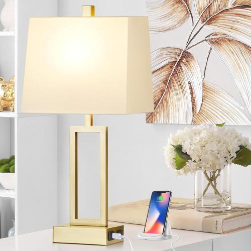Touch Control Table Lamps Set of 2, Modern Gold Bedside Lamps with USB A C Ports & AC Outlet, 3 Way Dimmable Contemporary Nightstand Lamps for Bedroom Living Room(LED Bulb Included)