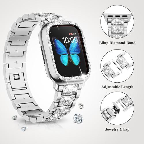 SUPOIX Compatible with Apple Watch Band 44mm   Case, Women Jewelry Bling Diamond Metal Bands & 2 Pack Protective Cover Cases for iWatch Series 6/5/4(Silver/44mm)