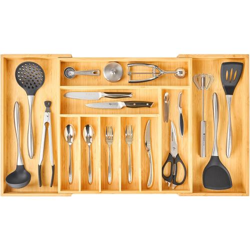 Umilife Extra Large Expandable Kitchen Siverware Utensils Drawer Organizer, 19 Deep for Big Drawer, Adjustable Bamboo Wood Drawer Divider with Curved Grooves, Cutlery Tray Flatware Holder