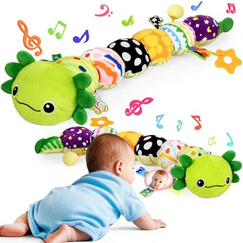 Baby Toys for 0-6 6-12 Months, Plush Axolotl Toy with Crinkle and Rattles for Infant Newborn, Sensory Music Animal Stuffed Toy for 0 1 2 3 4 5 6  Month, Tummy Time Toys Gifts for 0-3-6-12 Months,Green
