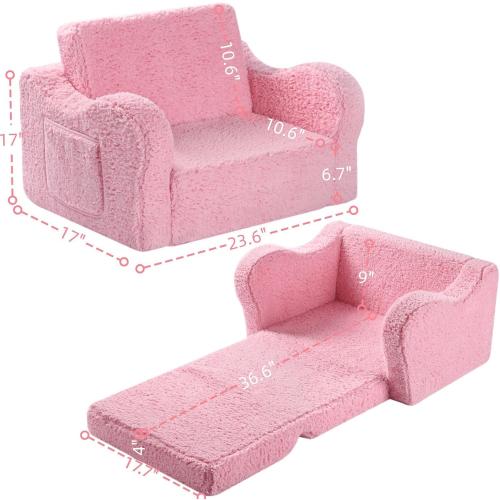 Kids Sofa, 2-in-1 Flip-Out Foam Couch with Soft Sherpa Cover, Cozy Play Lounge Chair, Pink