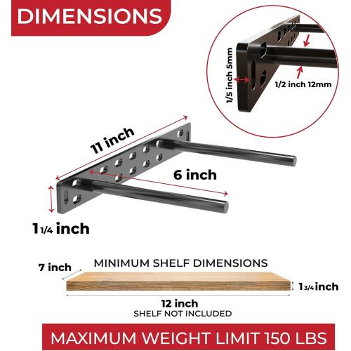 Set of 2 Size 11x 1 1/4 x 6 Floating Shelf Brackets 11 inch Multiple Mounting Location Baseplate/Heavy Duty Black Painted Mild Steel Bracket Hidden Wall Shelves Support Hardware Mount Kitchen/Nursery Decor (6 inch Rods)