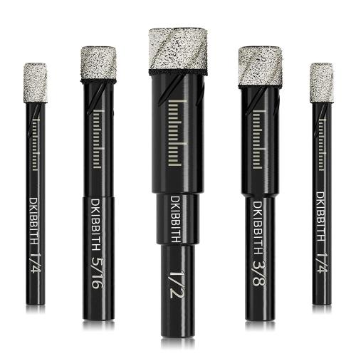 Dry Diamond Drill Bits Set, 5 Pcs Tile Drill Bits for Porcelain, Ceramic, Granite, Marble, Stone, Glass Hard Materials, Round Shank 1/4, 5/16, 3/8, 1/2 Drill Bits, with Storage Case