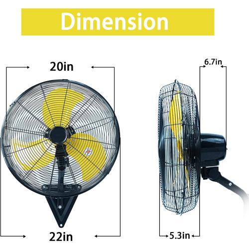 size 20 in Wall Mount Fan, 20In Oscillating Wall Fan with 7000CFM, 3-Speed, Upgrade Motor High Velocity Industrial Fans for Commercial, Garage, Residential and Patio Use, Yellow