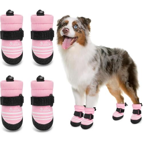 SlowTon Dog Shoes for Medium Large Dogs - Water Resistant Anti-Slip Dog Boots for Hot Pavement Rain Snow,Reflective Dog Paw Protectors for Outdoor Walking, Indoor Hardfloors(Pink,2)