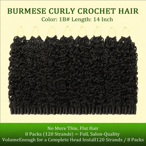 New Burmese Curly Crochet Hair Natural Black Pre-Looped 14 Inch 8 packs