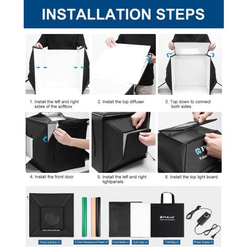 PULUZ 16''x16'' Photo Studio Light Box, Upgraded Photo Box Soft Box Integrated Portable Light Box Photography with Hight CRI 480 LED Lights & 4 Color Backdrops for Product Photography