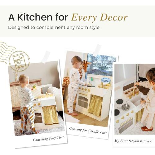 Tiny Land Toddler Kitchen Playset, Wooden Play Kitchen Set Toy with Cutting Food & Cookware, Oven, Clicking Knobs, Stove and Sink, Small Toy Kitchen Gift for 1-3 Year Old Kids, Girls & Boys - Cream