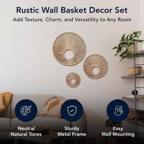 American Art Decor Round Paper Rope Wall Decor Set of 3, Natural - Boho Wall Art, Farmhouse Basket Style
