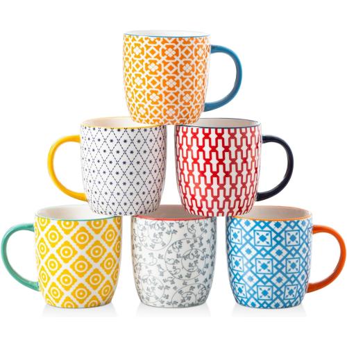 Ceramic Coffee Mugs Set - 10 Oz Large Porcelain Tea Cups with Handle for Milk Cappuccino Latte Tea Cocoa - Microwave Dishwasher Safe - Christmas Housewarming Gift -Set of 6 - Assorted Colors