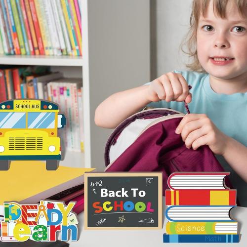 Set of 4 Pieces Back to School Wooden Table Centerpiece Decor Ready to Learn Woodentable Toppers Welcome Back to School Party Decoration for School Classroom Home Teacher Party Decorations