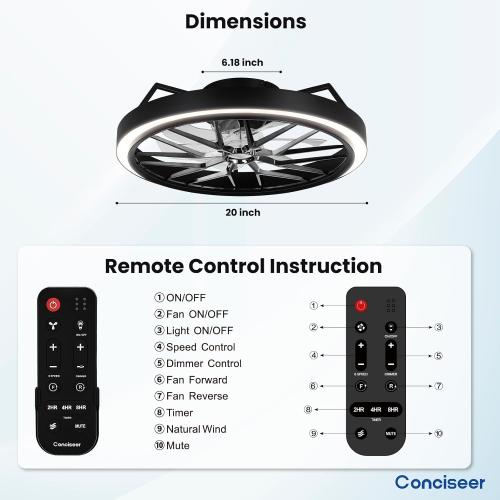 Conciseer Low Profile Ceiling Fan with Lights, 20 Inch Ceiling Fan with Light and Remote for Bedroom Living Room, 36W 3CCT Dimmable, 7 Blades 6 Speed Reversible Quiet DC Motor, LED 36W, Black