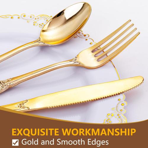 150 Pieces Gold Plastic Silverware - Heavy Duty Gold Disposable Utensils - Fancy Plastic Cutlery Set Includes 50 Forks, 50 Spoons, 50 Knives for Holidays Parties Weddings