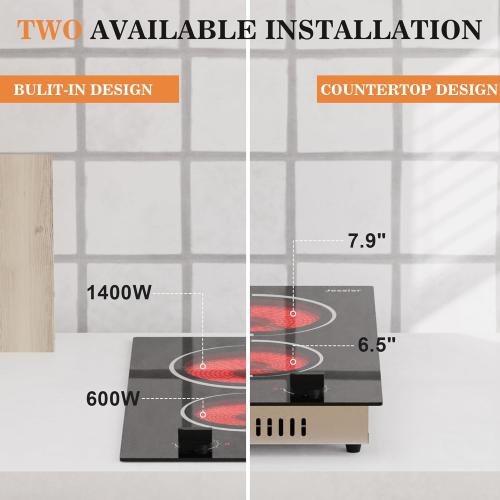 2 Burner Electric Cooktop - 12 Inch Plug in Portable 110V Electric Cook Top Two Burner, Built-in & Countertop Ceramic Stove Top with Knob Control, 9 Power Levels and Overheat Protection