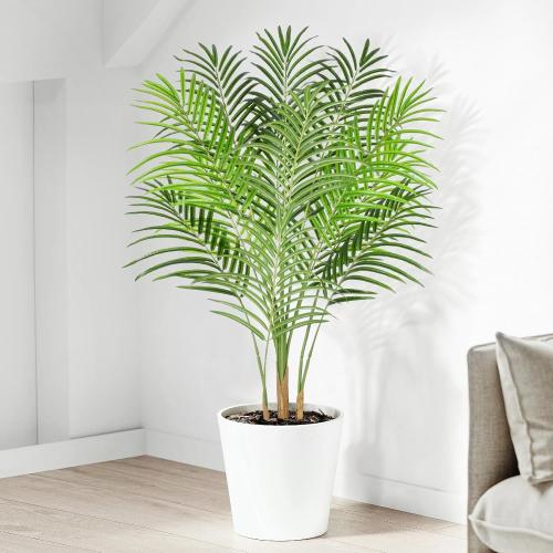Artificial Palm Tree 4ft Tall Fake Indoor Decor with 13 Trunks and Real Bark Design Faux Tropical Areca Silk Floor Plant in Pot for Home Office Living Room Bedroom 1pcs