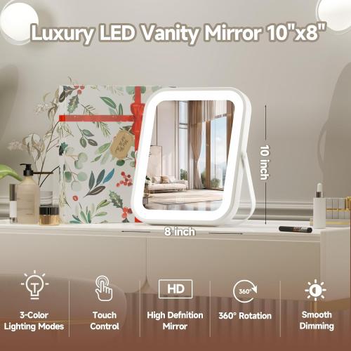 Size 10x8 Color White PRIMETEK LED Vanity Mirror with Gift Box, 10x8 Lighted Hollywood Makeup Mirror, Portable Travel Makeup Mirror with Lights, 3-Color Lighting, 5X Magnification, for Vanity Desk, Bedroom, Gifts for Her