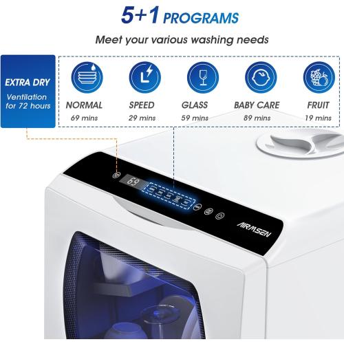 AIRMSEN Portable Countertop Dishwashers, 5 Washing Programs Mini Dishwashers with 1.2 Gal Built-in Water Tank and Double-layered Glass Door, No Hookup Needed for Home, Apartments & RVs