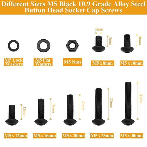 242 Pieces M5 Screws Nuts Washers Set Black, Sutemribor M5 x 8/10/12/16/20/25/30mm Button Head Socket Cap Screws Nuts Washers Assortment Kit, 10.9 Grade Alloy Steel, Fully Threaded