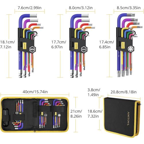 AMTOVL 27PCS Allen Key Set, Metric & SAE Allen Wrench Set, Extra Long Ball & Star End Hex Keys with T-Handle & Color Coding for Bicycle, Household DIY