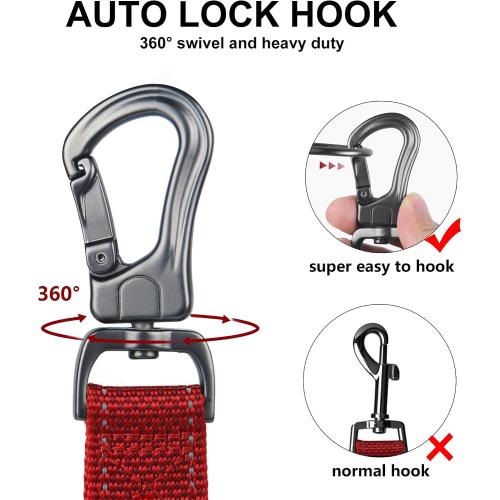 TwoEar 6FT 1IN Strong Red Dog Leash with 2 Padded Handles, Traffic Handle Extra Control, Comfortable Soft Dual Handle, Auto Lock Hook, Reflective Walking Lead for Small Medium and Large Dogs
