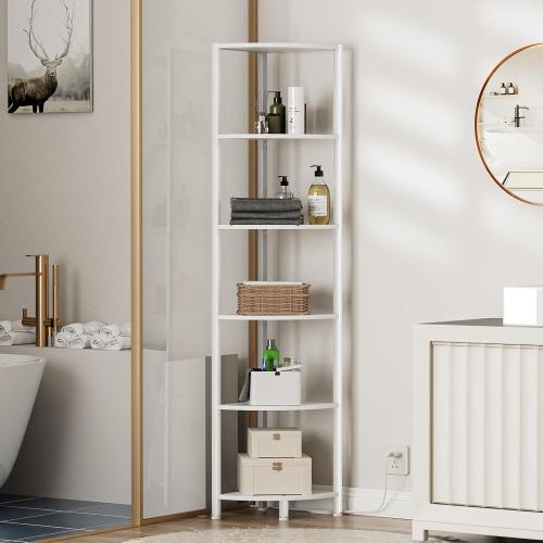 Furnulem 6 Tier Corner Shelf with LED Light, 67.5” Tall Standing Shelf Organizer, White Narrow Bookshelf with Storage Rack for Wall Corner, Living Room, Bedroom, Metal Frame, Wood Display Shelf