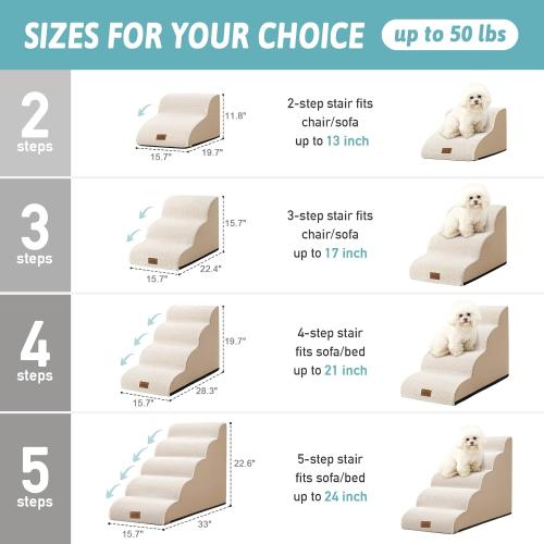 Dog Stairs for Small Dogs 15.7 H, Curved Dog Step for Puppy, Older Cat, Medium Pet Ramp for Sofa, Couch or Chair, Ladder with High Density Foam, 3 Step, 15.7x22.4x15.7 inch, Beige