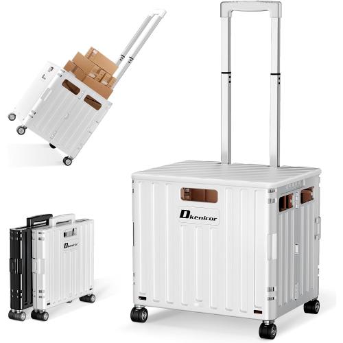 Folding Utility Cart, Portable Rolling Crate Handcart Collapsible Shopping Trolley with Lid, Foldable Tool Box Basket with 4 Rotate Wheels for Grocery, Office, Luggage, School - White