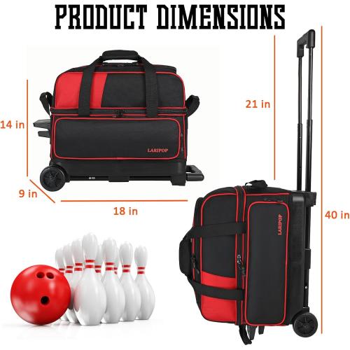 LARIPOP Dual Roller 2-Ball Bowling Bag, Featuring a Separate Large Shoe Compartment Capable, a 3-Section Telescopic Handle that Extends Up to 40