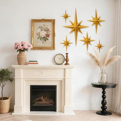 Shudyear 2 Pack Starburst Wall Decor Set, Retro Mid Century Modern Star Wall Art, Gold/Black Plastic Celestial Wall Sculptures for Living Room, Bedroom, Apartment Decor (Gold)