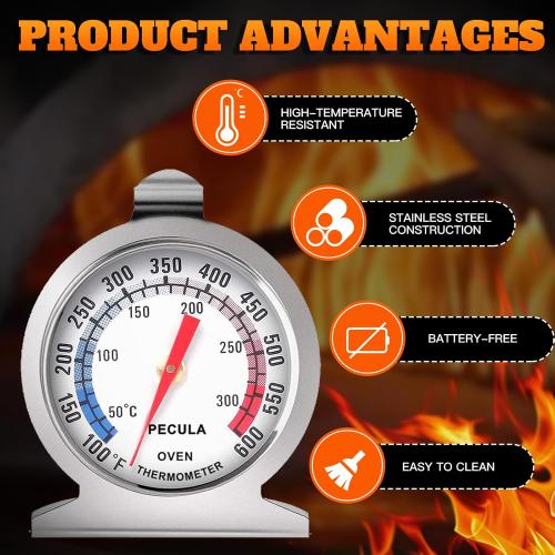 Stainless Steel Oven Thermometer 50-300°C/100-600°F, Analog Instant Read, Battery-Free Kitchen Cooking Thermometer, Hook & Stand Design Food Thermometer for Oven, Grill, Smoker, Fryer