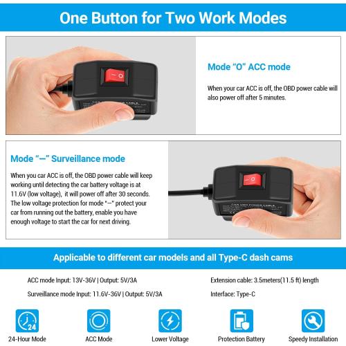 OBD Dash Cam Power Cable, Type-C USB Hardwire Kit ACC Mode with Switch