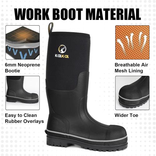 Size 9-10 Kalkal Steel Toe Rubber Boots For Men, Waterproof Rubber Work Boots With Steel Shank, Puncture-Proof Safey Composite Toe Hunting Boots for Farming, Gardening, Fishing, Outdoor Work