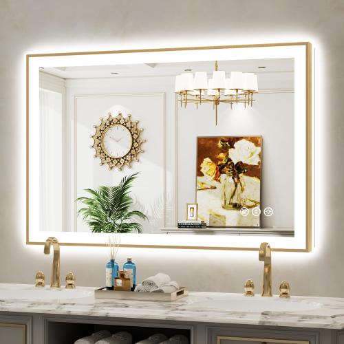 48x32 Inch LED Bathroom Mirror with Lights (Front Lit and Backlit) Gold Framed Lighted Vanity Mirror for Bathroom Wall Dimmable Anti-Fog Memory Tempered Glass Horizontal/Vertical