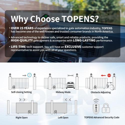 TOPENS BK800 Automatic Sliding Gate Opener Strong Belt Silent Drive Electric Gate Motor for Heavy Driveway Slide Gate Up to 1800 Pounds, Gate Operator AC Powered with 40ft Belt and Remote Control