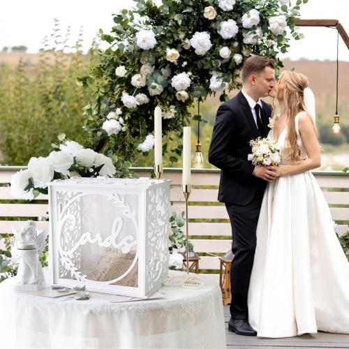 OurWarm White Wedding Card Box for Receptions, PVC Gift Card Box for Wedding with Acrylic Windows, Rustic Envelope Money Gift Box for Anniversary Bridal Baby Showers Graduation Birthday Party