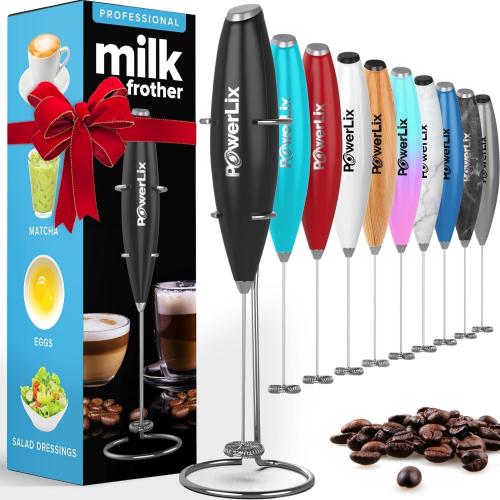 PowerLix Powerful Handheld Milk Frother With Stand Battery Operated Foam Maker Frother Wand For Coffee (A Black) (A Black)